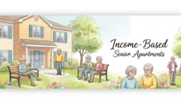 A soft watercolor illustration of a charming two-story senior living apartment building with a lush green lawn. Several happy senior citizens are relaxing outdoors, sitting on park benches reading, and strolling through a vibrant flower garden. The text "Income-Based Senior Apartments" is written in elegant script on the right side.