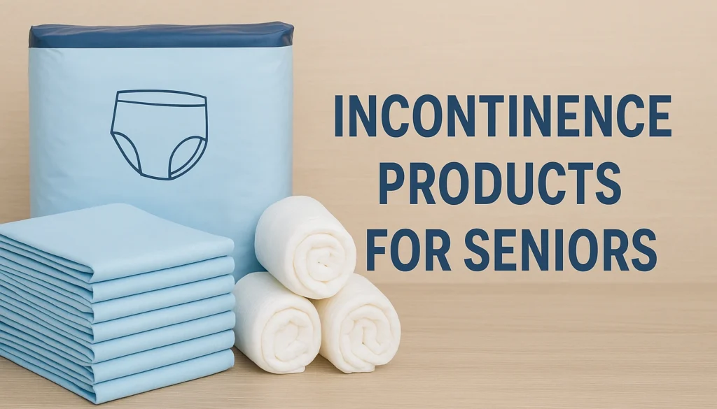 Banner showing neatly stacked incontinence pads and adult briefs beside the headline ‘Incontinence Products for Seniors’ on a light wood background.