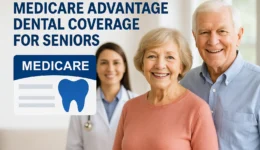 Smiling senior couple standing with a female doctor in the background next to a graphic showing Medicare Advantage dental coverage for seniors.
