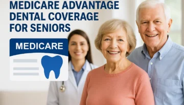 Smiling senior couple standing with a female doctor in the background next to a graphic showing Medicare Advantage dental coverage for seniors.