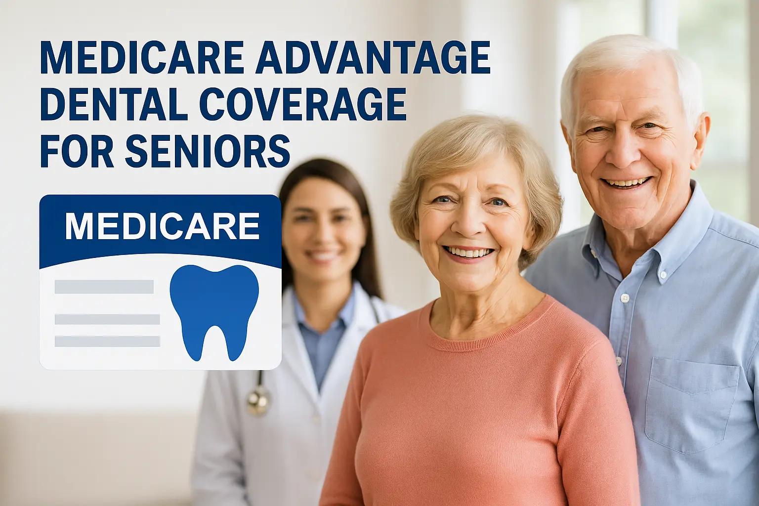 Smiling senior couple standing with a female doctor in the background next to a graphic showing Medicare Advantage dental coverage for seniors.
