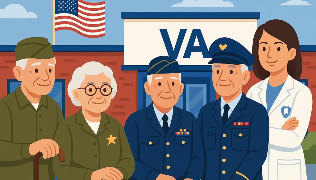 Illustration of senior veterans standing outside a VA building with an American flag, wearing military uniforms and accompanied by a healthcare provider.