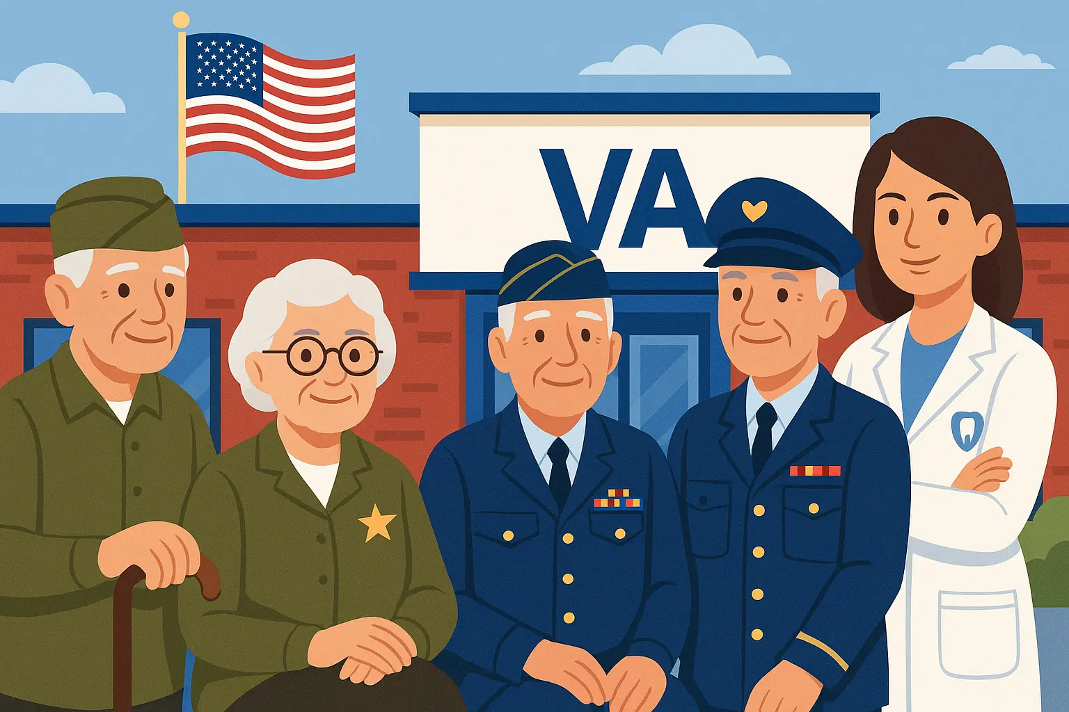 Illustration of senior veterans standing outside a VA building with an American flag, wearing military uniforms and accompanied by a healthcare provider.